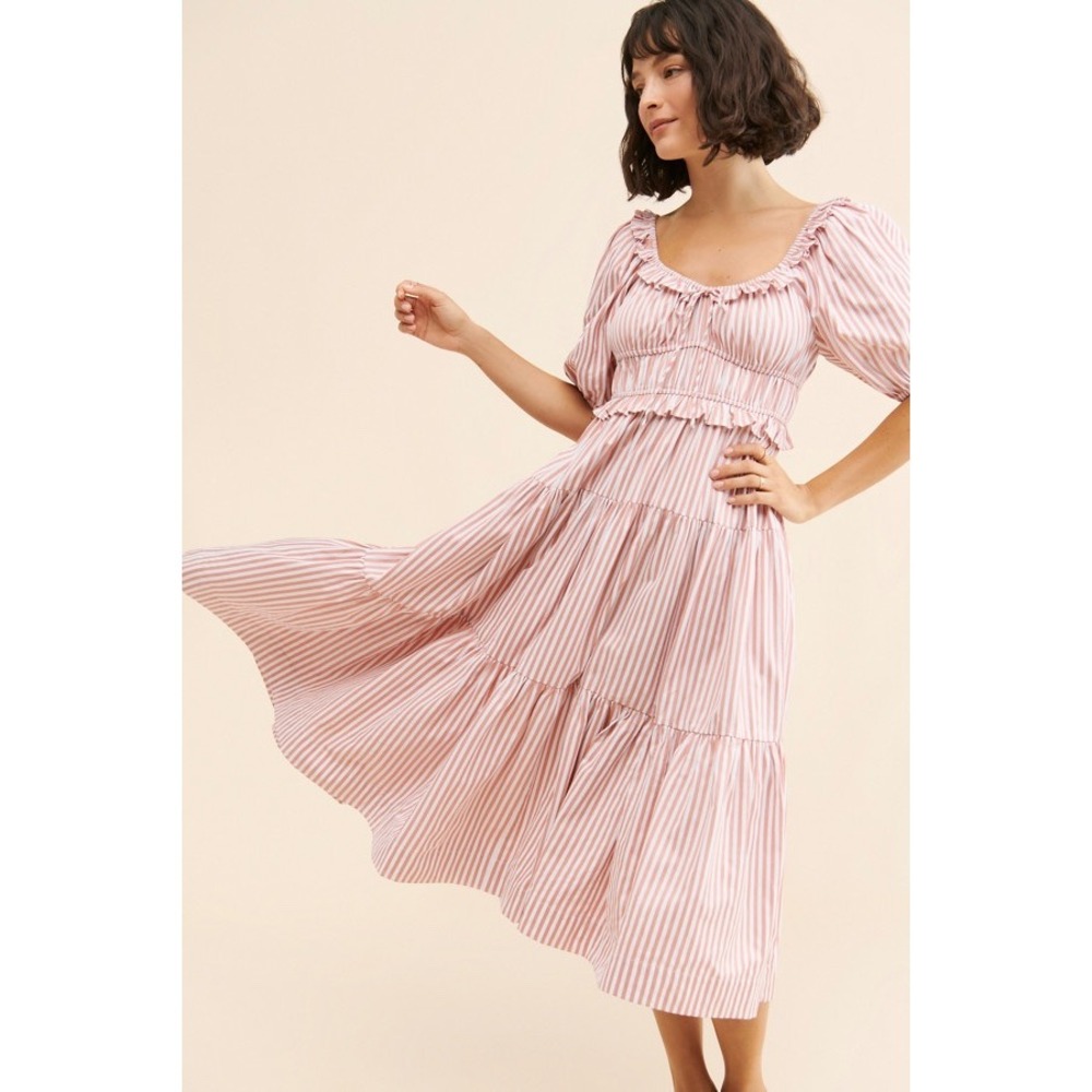 En Saison Brielle Striped Midi Dress Pink White Stripe Tiered Sz M Cottagecore